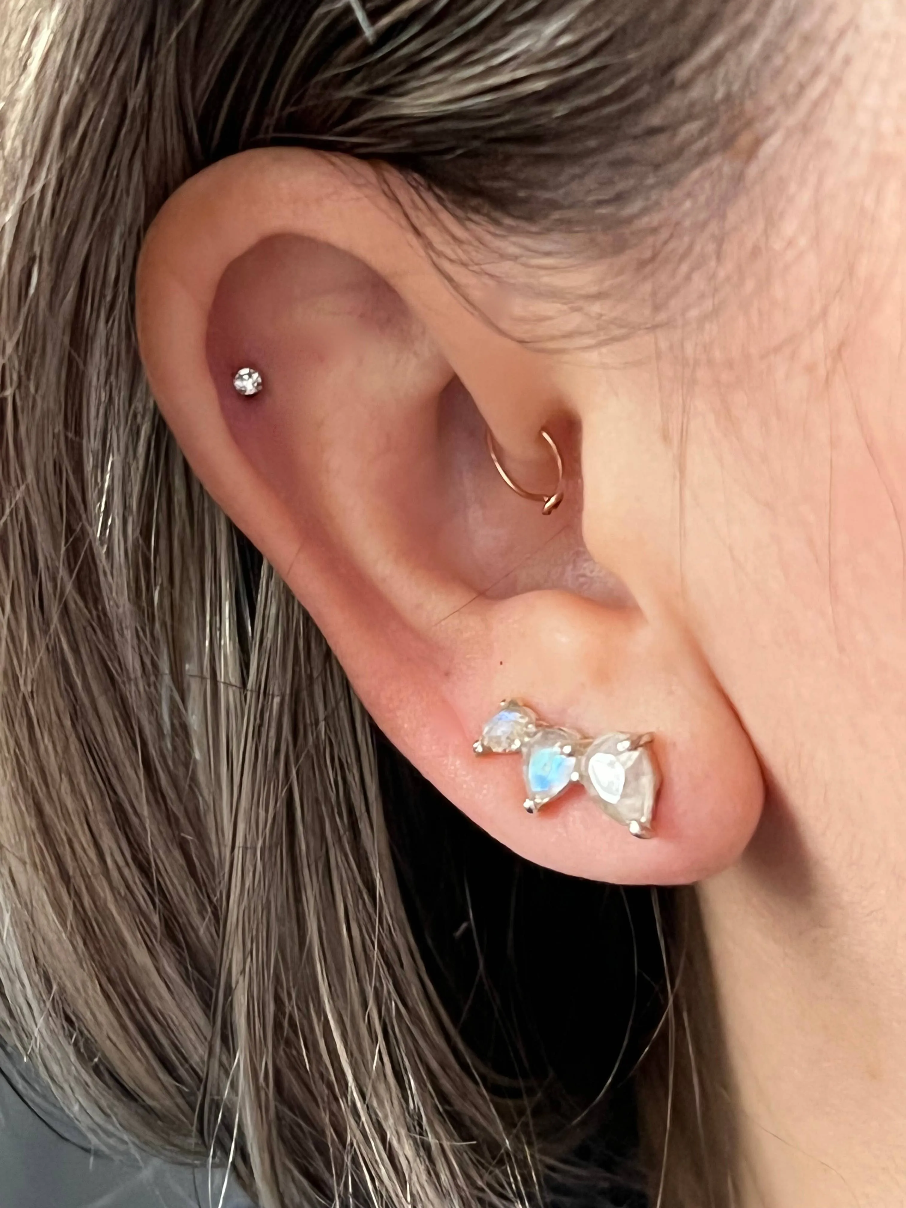 Stacked Tear Drop Ear Climber with Faceted Moonstone: Silver