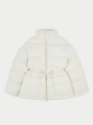 TIE WAIST PLEATED PUFFER COAT - OFF WHITE