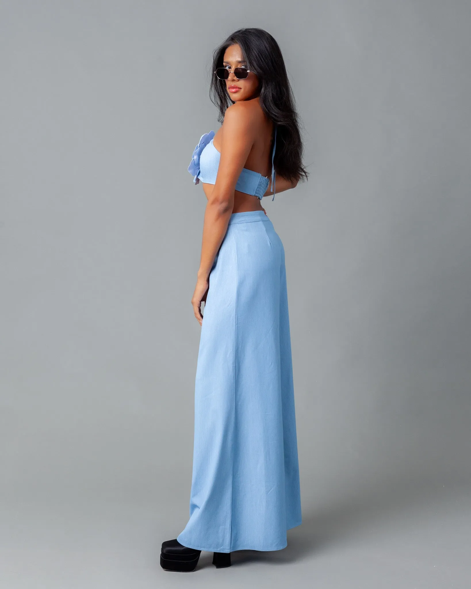 Vienna Chambray Wide Leg Pants   Flower Halter Top Set