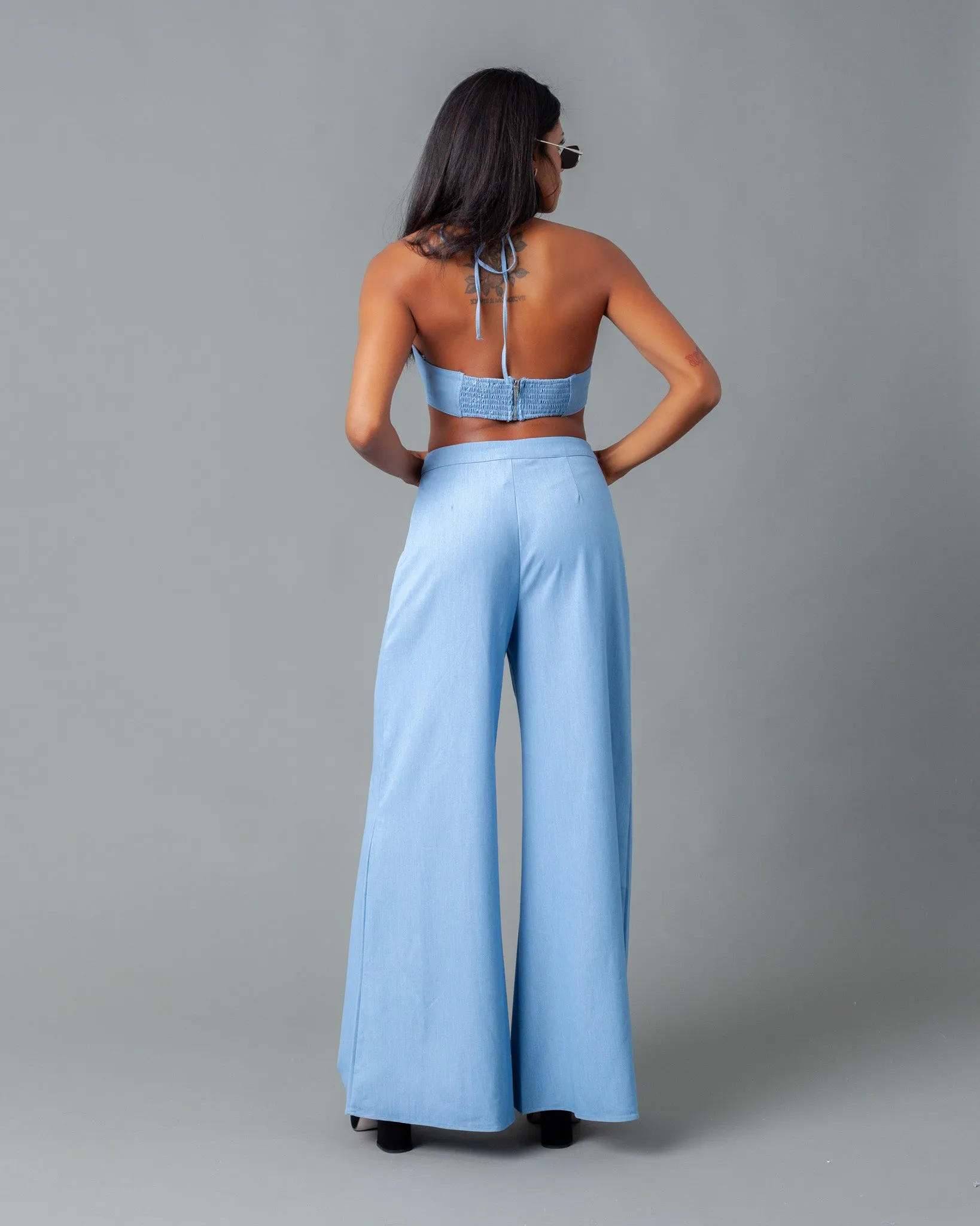 Vienna Chambray Wide Leg Pants   Flower Halter Top Set