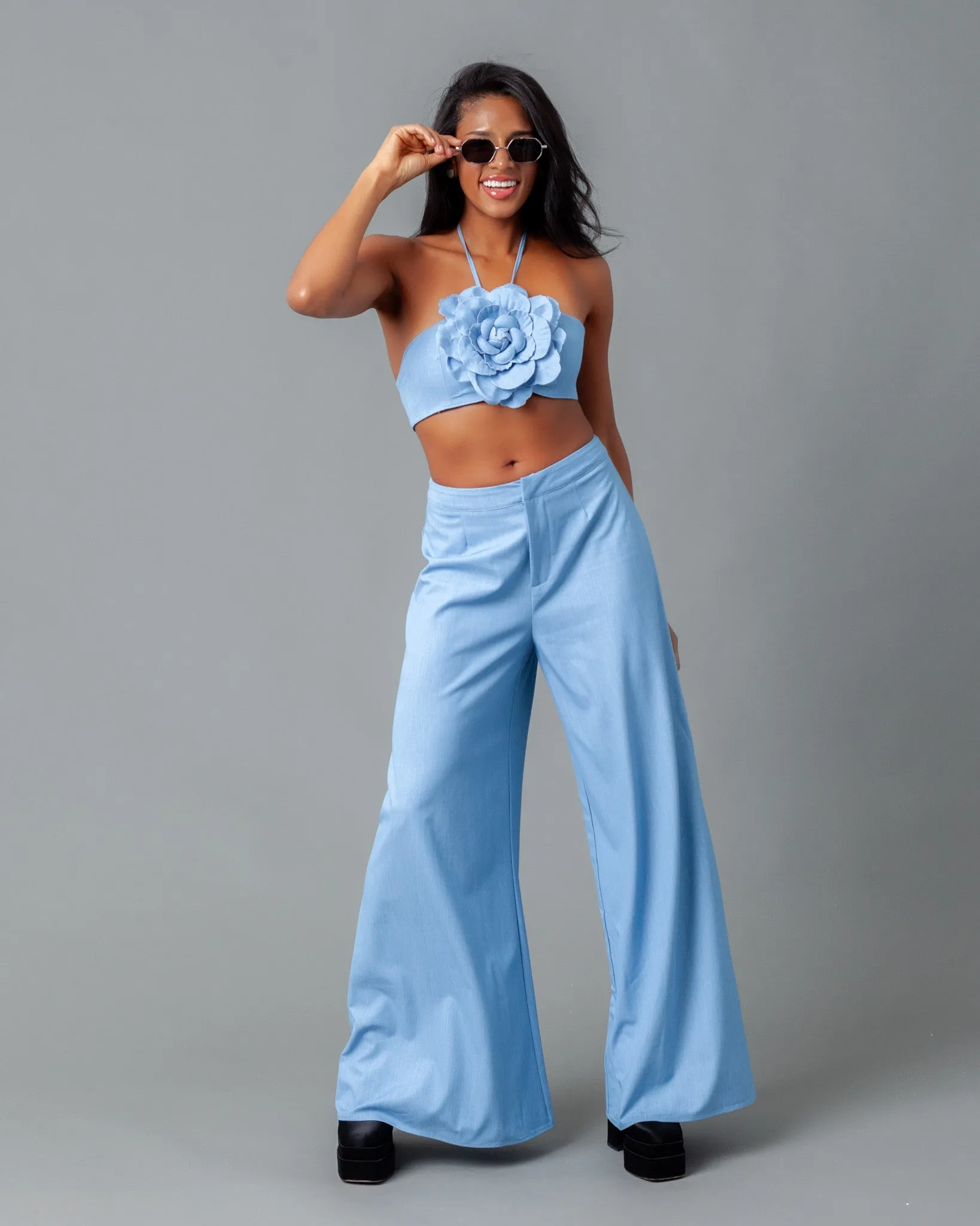 Vienna Chambray Wide Leg Pants   Flower Halter Top Set