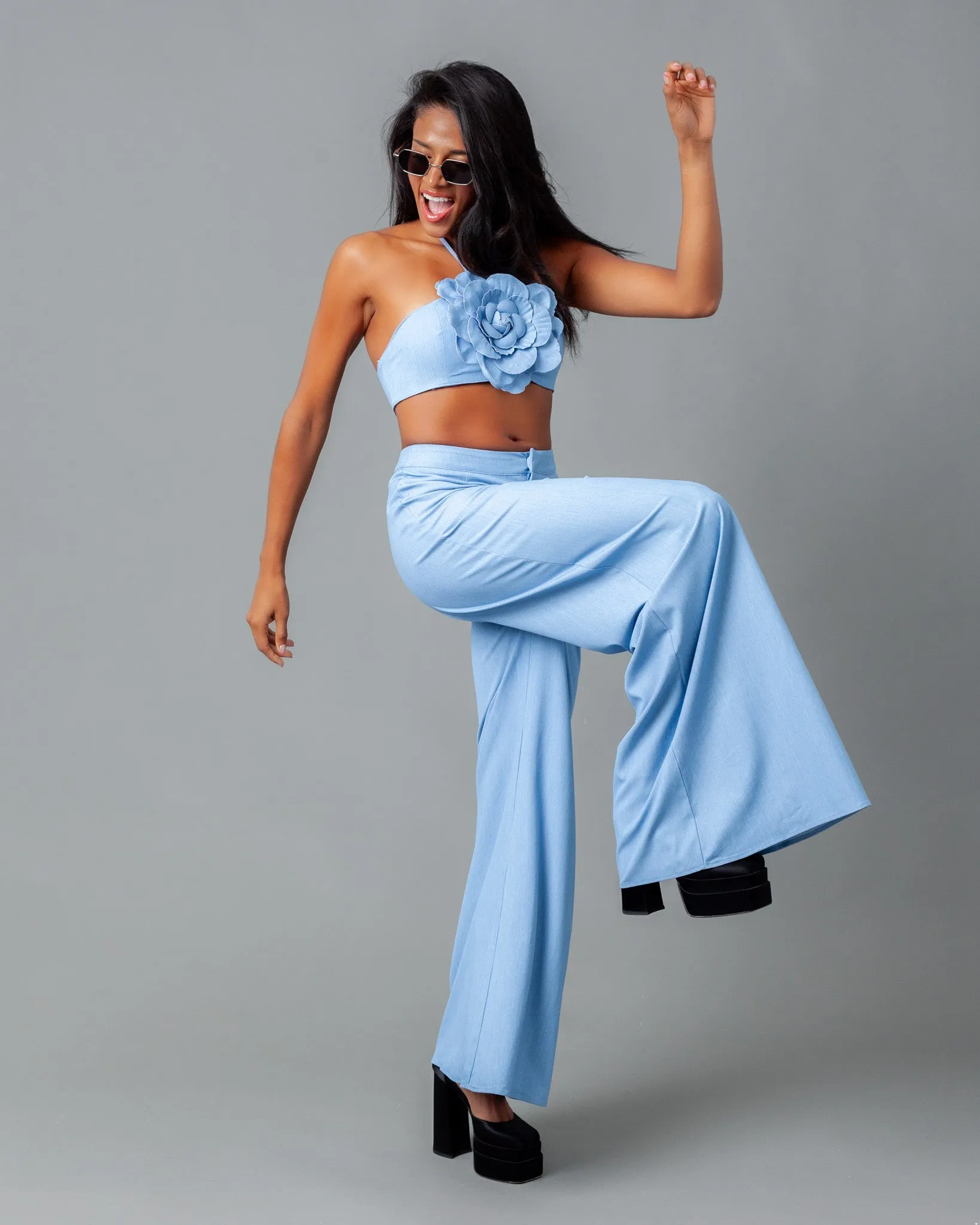 Vienna Chambray Wide Leg Pants   Flower Halter Top Set