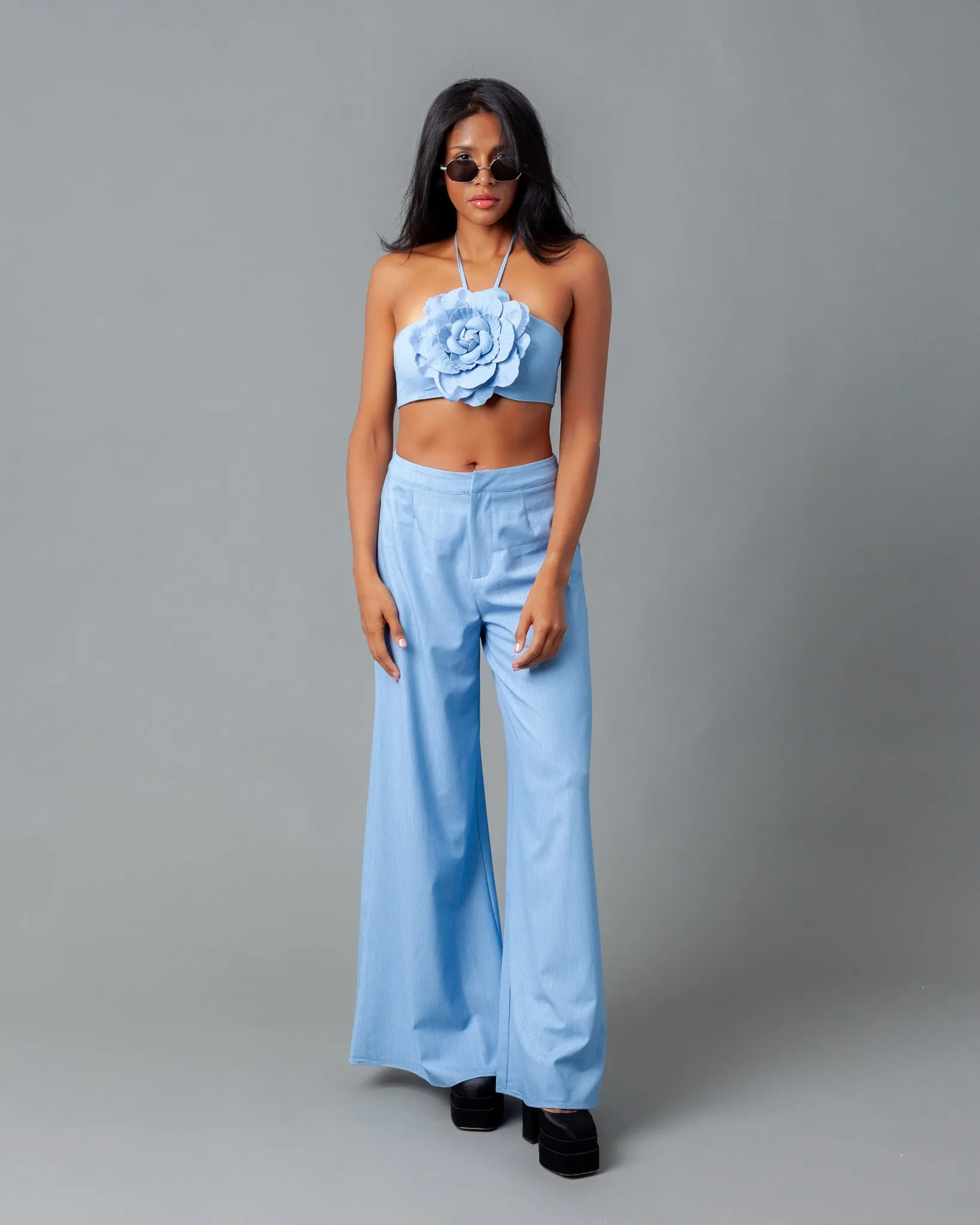 Vienna Chambray Wide Leg Pants   Flower Halter Top Set