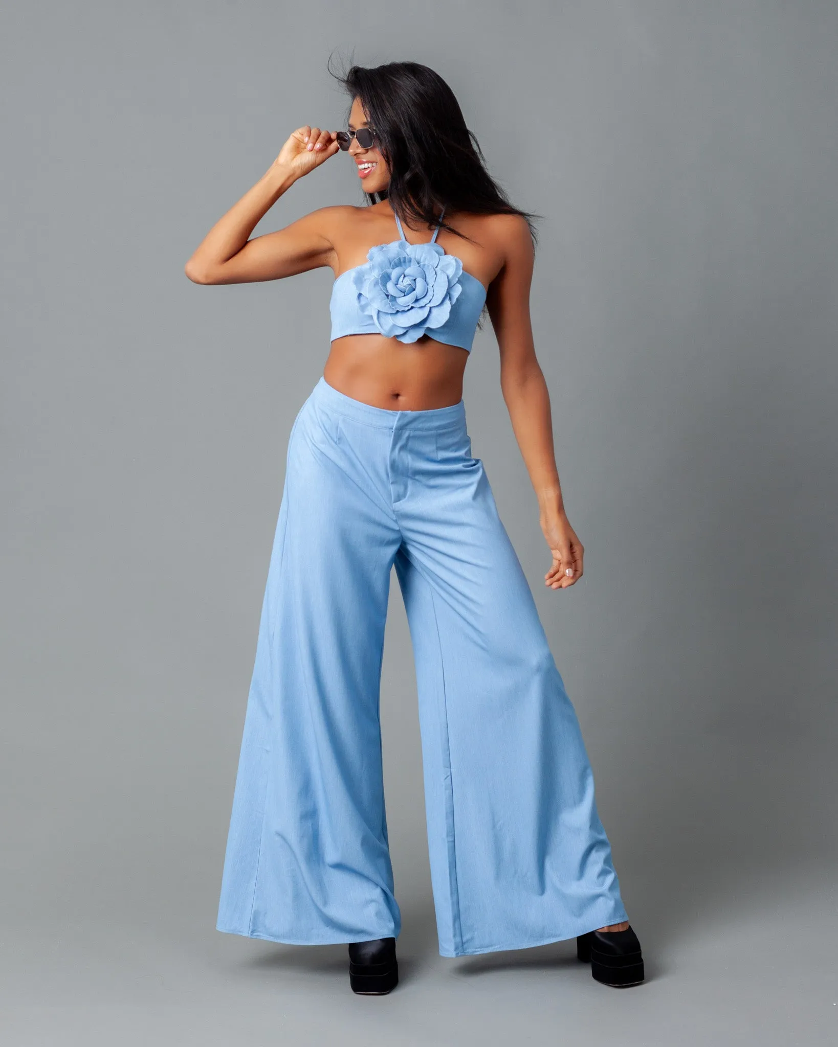Vienna Chambray Wide Leg Pants   Flower Halter Top Set