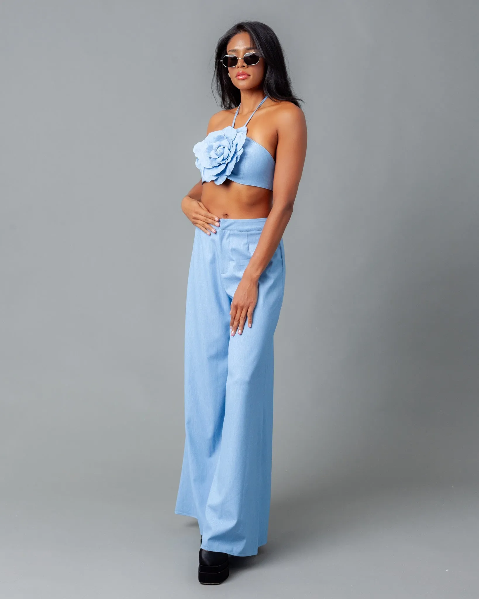 Vienna Chambray Wide Leg Pants   Flower Halter Top Set