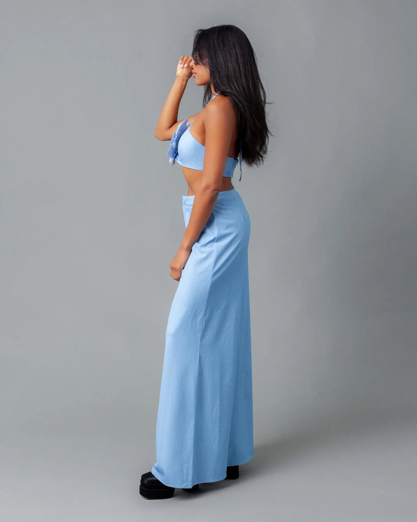 Vienna Chambray Wide Leg Pants   Flower Halter Top Set