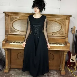 Vintage 90s | Lace Up Boho Witchy Corset Black Sheer sleeve Lolita Goth Dress M