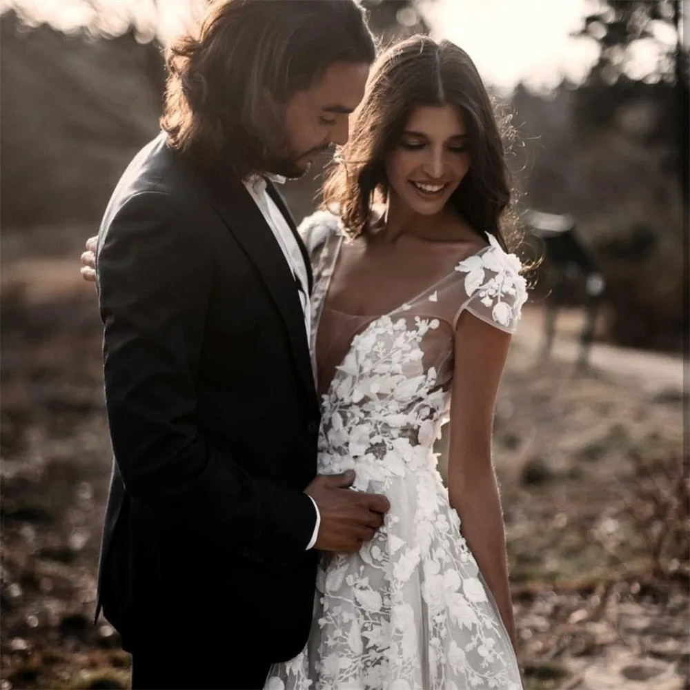 Wedding Dress Sexy Bohemian Deep V Neck 3D Floral Appliques Bridal Gowns Backless