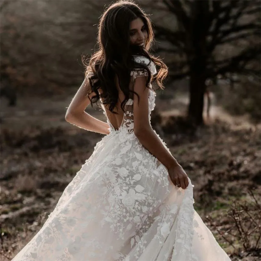 Wedding Dress Sexy Bohemian Deep V Neck 3D Floral Appliques Bridal Gowns Backless