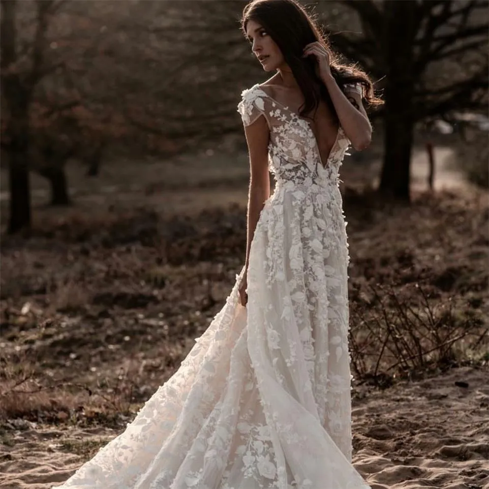 Wedding Dress Sexy Bohemian Deep V Neck 3D Floral Appliques Bridal Gowns Backless