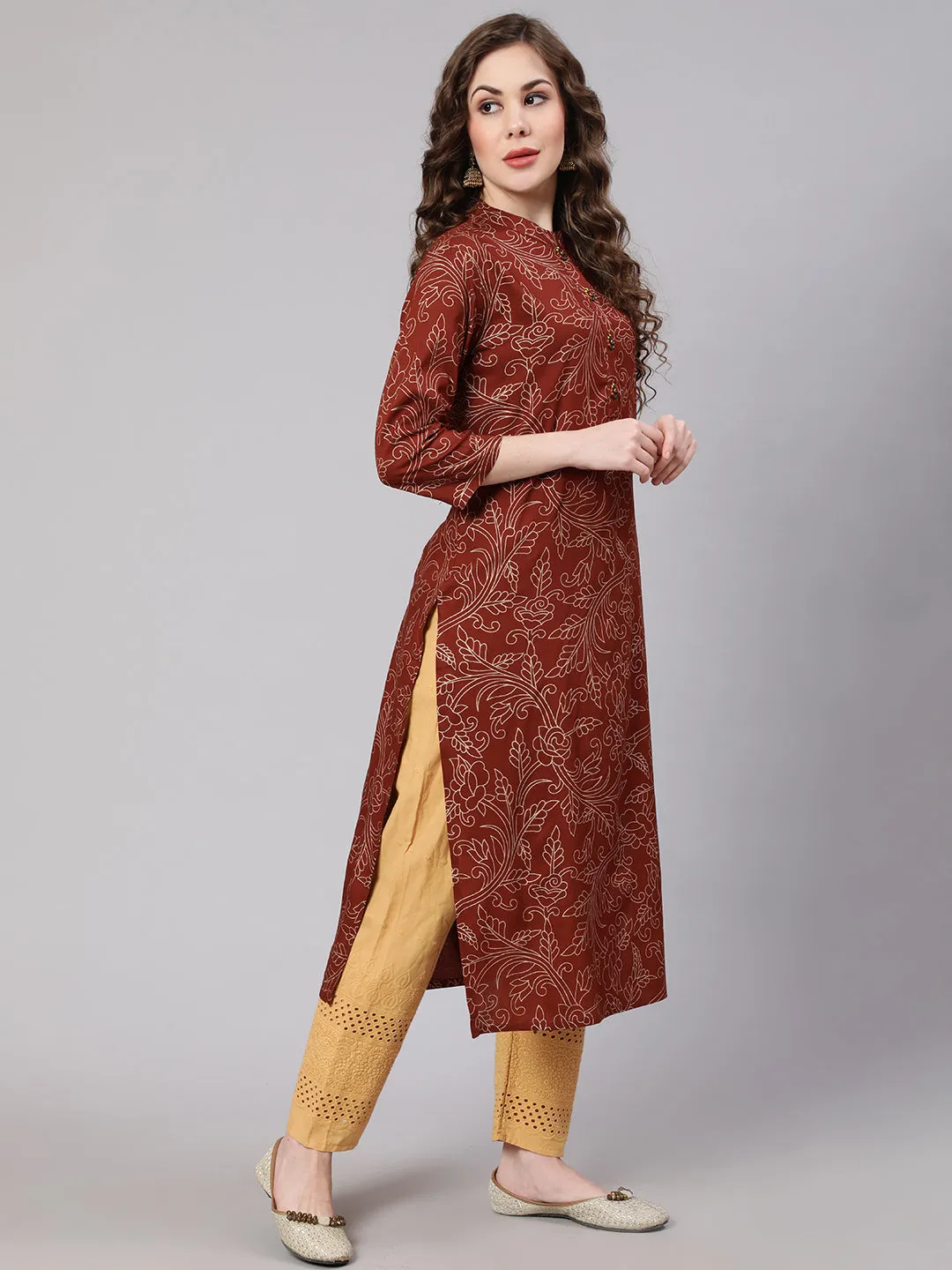 Women Brown Rayon Straight Kurta