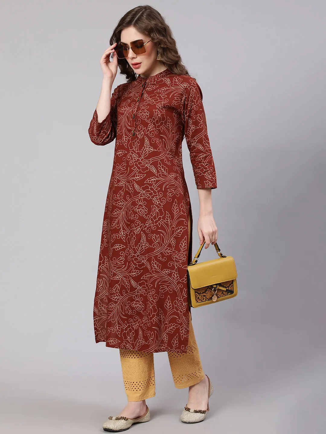 Women Brown Rayon Straight Kurta