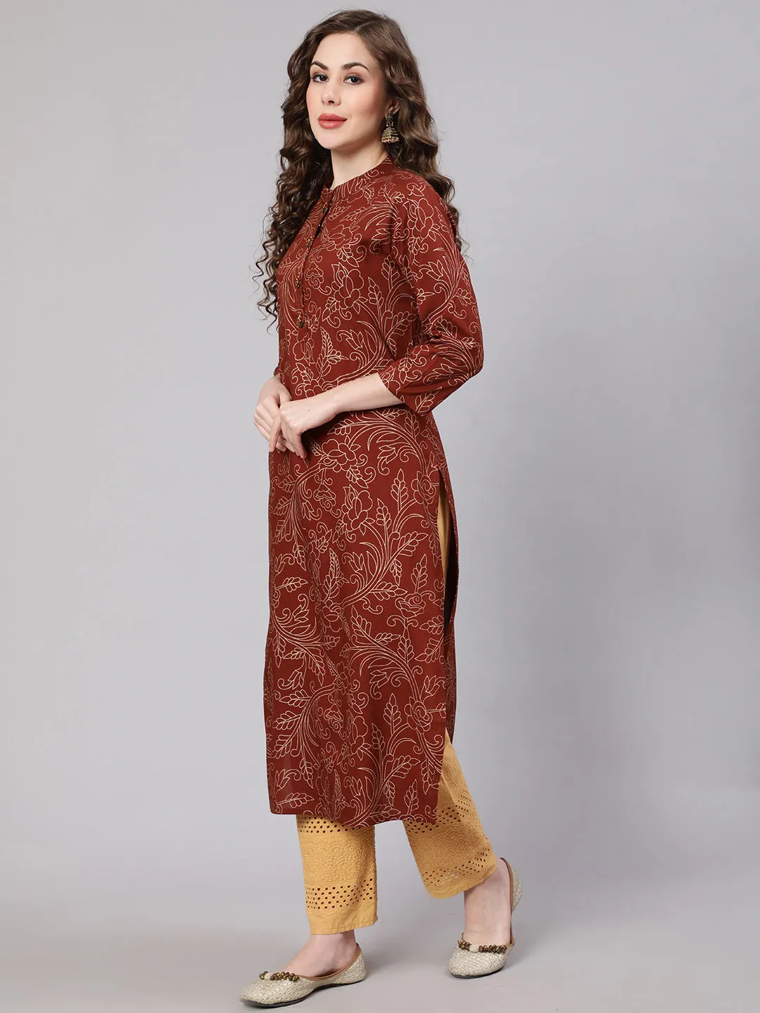 Women Brown Rayon Straight Kurta